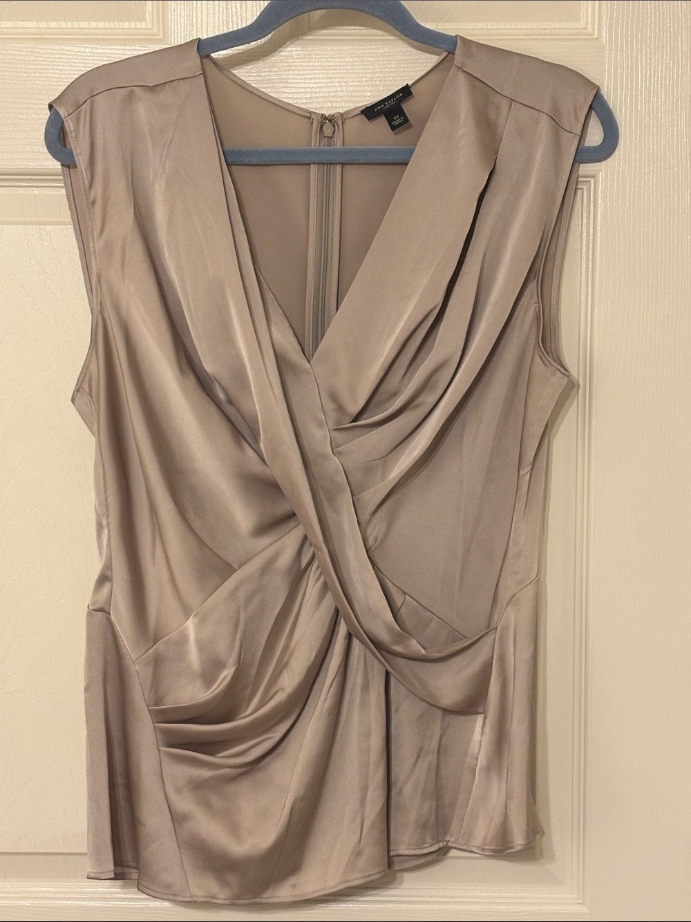 Ann Taylor Draped Sleeveless Stretch Satin Blouse - Taupe 12